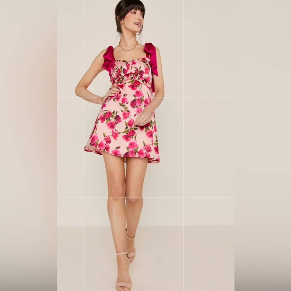 Francesca’s Collection Pink Satin Vivian Floral TieStrap Ruched Mini Dress NWT S